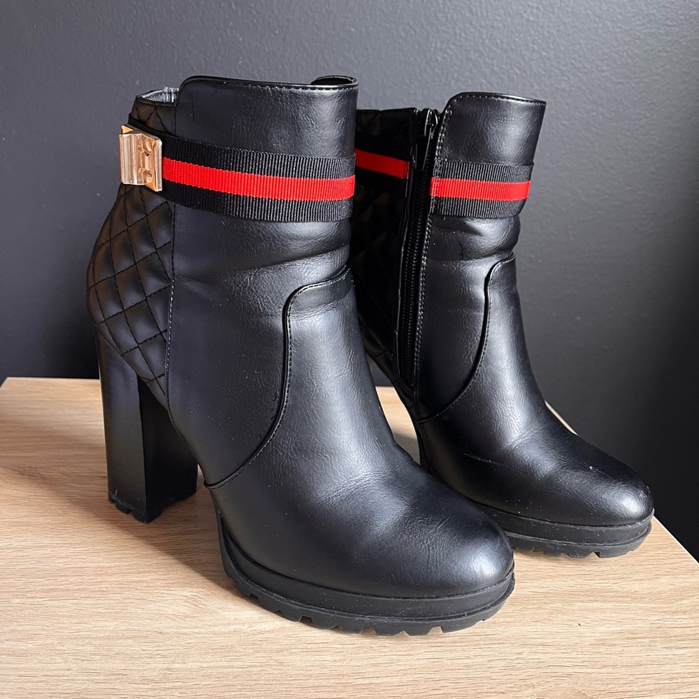 Black Quilted Ankle Boots with Red Stripe
